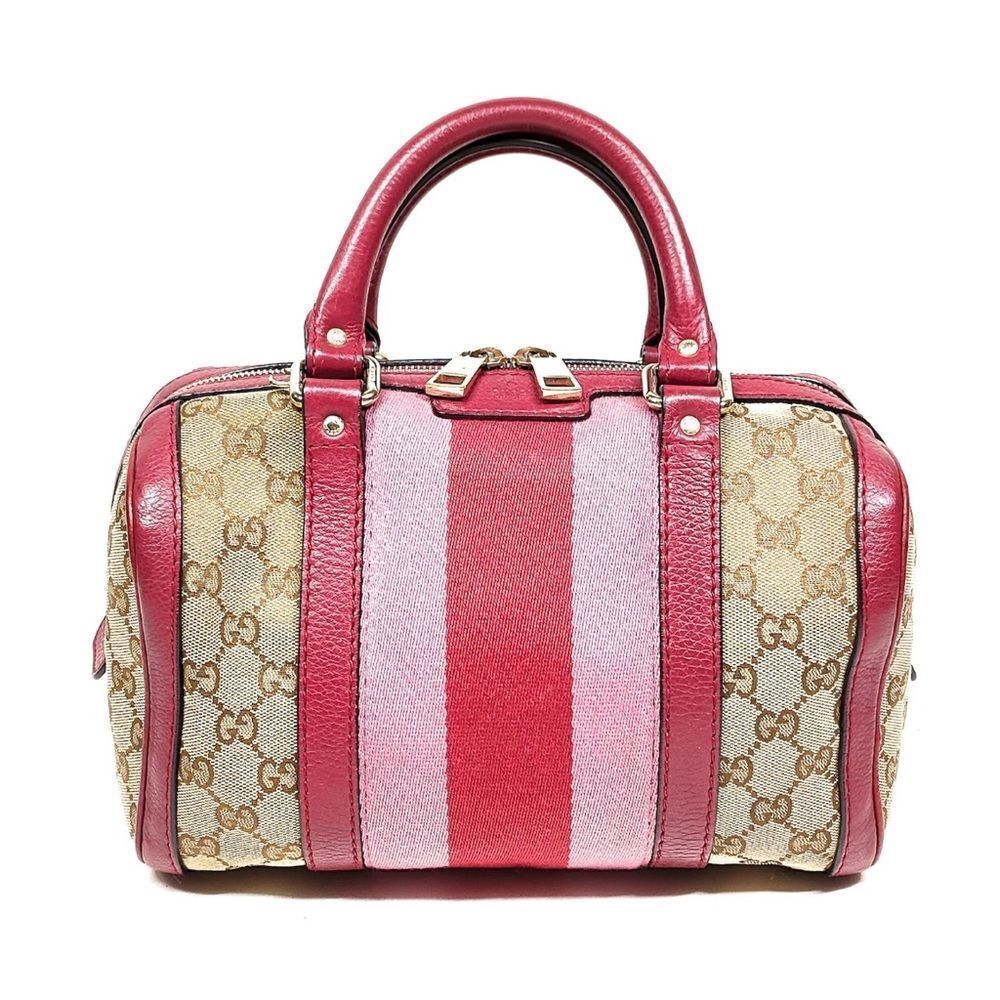 Gucci Vtg GG Beige Supreme Pink Red Web & Leather Joy Boston Tote Bag Auth Small